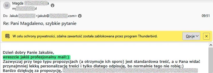 Przykład pozytywnej odpowiedzi na spersonalizowany cold mail